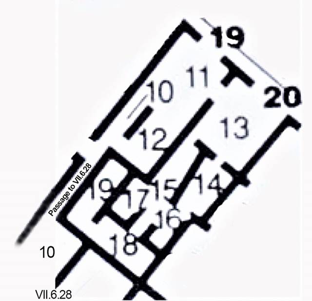 VII.6.19 Pompeii. Plan based on PPM. Corridor 10 joins the workshop VII.6.19 with a room in house VII.6.28 also numbered 10 by PPM.
See Carratelli, G. P., 1990-2003. Pompei: Pitture e Mosaici: Vol. VII. Roma: Istituto della enciclopedia italiana, p. 182.


