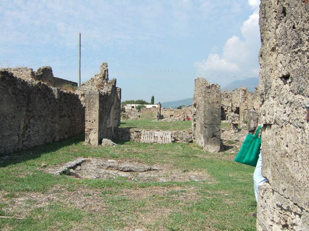 VII.6.28 Pompeii. September 2005. 
Looking north across remains of atrium, andron and tablinum to the area of the south side of the peristyle.
The bombing on 13th September 1943 destroyed two cubicula, one in the south-west and the other in the south-east of the atrium. 
It also destroyed the west and east portico of the peristyle, a cubiculum on the east of the peristyle, and the perimeter wall to the north. 
All the painted decoration was lost, the Second style in the tablinum, the Third Style in the cubiculum on the east side of the peristyle, and the beautiful garden painting on the north and east sides of the peristyle.
See Garcia y Garcia, L., 2006. Danni di guerra a Pompei. Rome: L’Erma di Bretschneider. (p.106-7)



