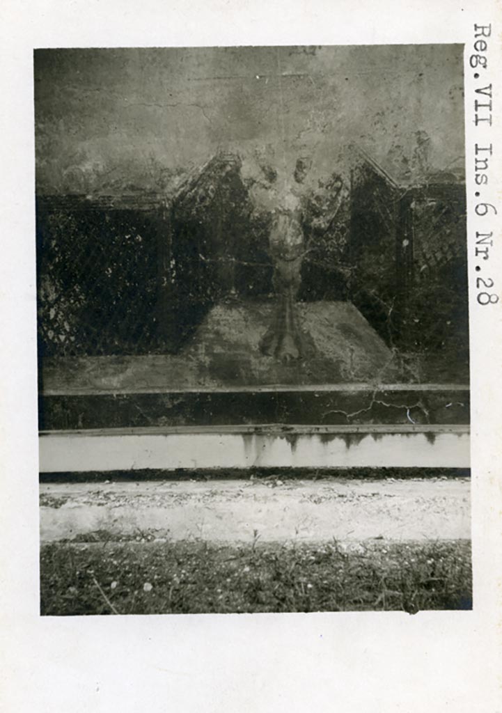 VII.6.28 Pompeii. Pre-1937-39. Detail from central panel on north wall of peristyle.
Photo courtesy of American Academy in Rome, Photographic Archive. Warsher collection no. 687.
According to the description in PPM –
“The basin of the fountain, which in this panel was rectangular, was supported by a winged figure, rising from a single lion’s paw.
You can only see shadows of the birds resting in the foreground on the balustrade, on the right you can recognize a dove.”
See Carratelli, G. P., 1990-2003. Pompei: Pitture e Mosaici. Roma: Istituto della enciclopedia italiana, (p.188, no.7).
