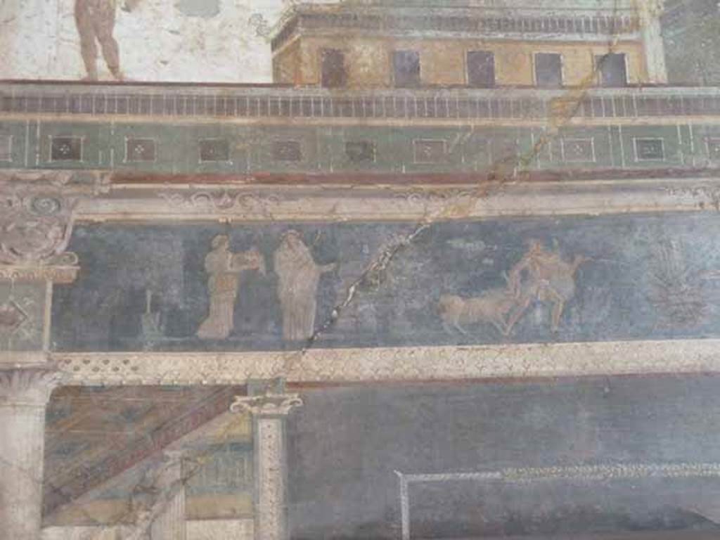 VII.6.28 Pompeii. Found 10th April 1762 in cubiculum 8.  One of four paintings found on the same wall. Detail of wall painting of architectural scene.
