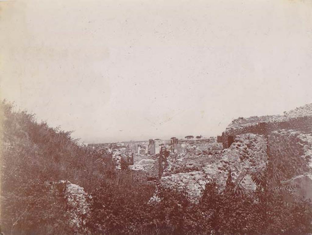 VII.6.11 and 28 Pompeii. 1910. Looking north from the rear of VII.6.28. 
The capitals of the House of Pansa can be seen in the centre of the photo.
(This may be photographed from room 22 of VII.6.28, with room 71 of VII.6.11 behind the wall on the right.
The lower room ahead may be room 70, linking through to room 68.
Room 68 and 69 would appear to run in a line connected to the NW corner of the cistern building, in the centre right.
Photo courtesy of Drew Baker.


