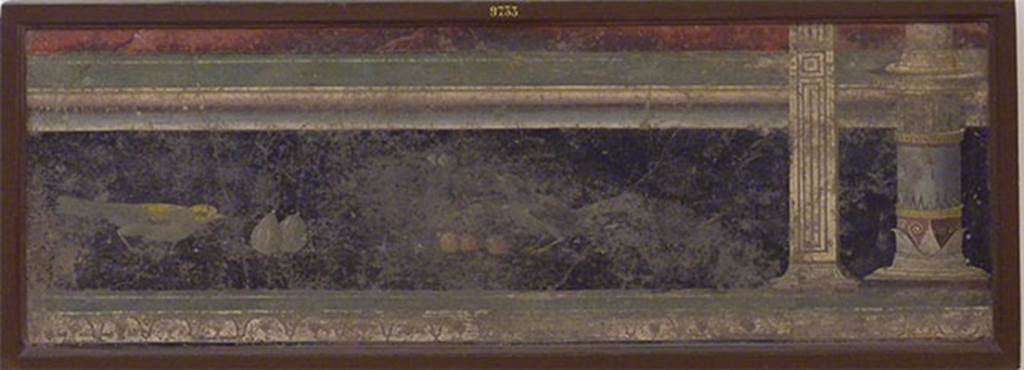 VII.6.28 Pompeii. Found 30th April 1762. Architectural painting with two birds, figs and cherries.
Now in Naples Archaeological Museum. Inventory number 9733.
