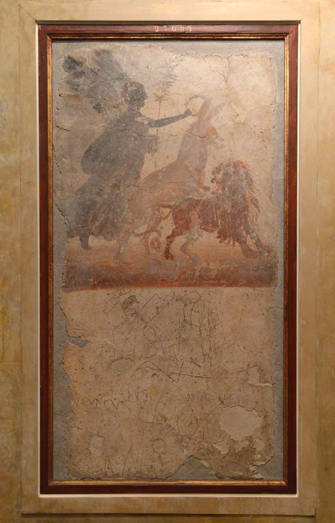 Beneath the painting is the graffito of a gladiatorial scene.
Now in Naples Archaeological Museum. Inventory number 27683.
