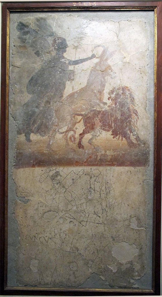 VII.6.35 Pompeii. Found on the pilaster between VII.6.35 and VII.6.34.
Beneath the painting is the graffito of a gladiatorial scene.
Now in Naples Archaeological Museum. Inventory number 27683.

