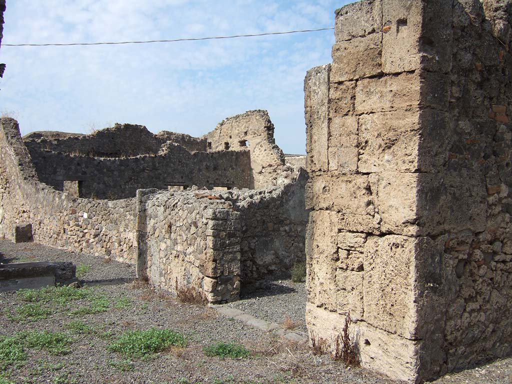 VII.7.23 Pompeii. September 2005. North side of atrium with doorway, and north wall of garden area (on left).