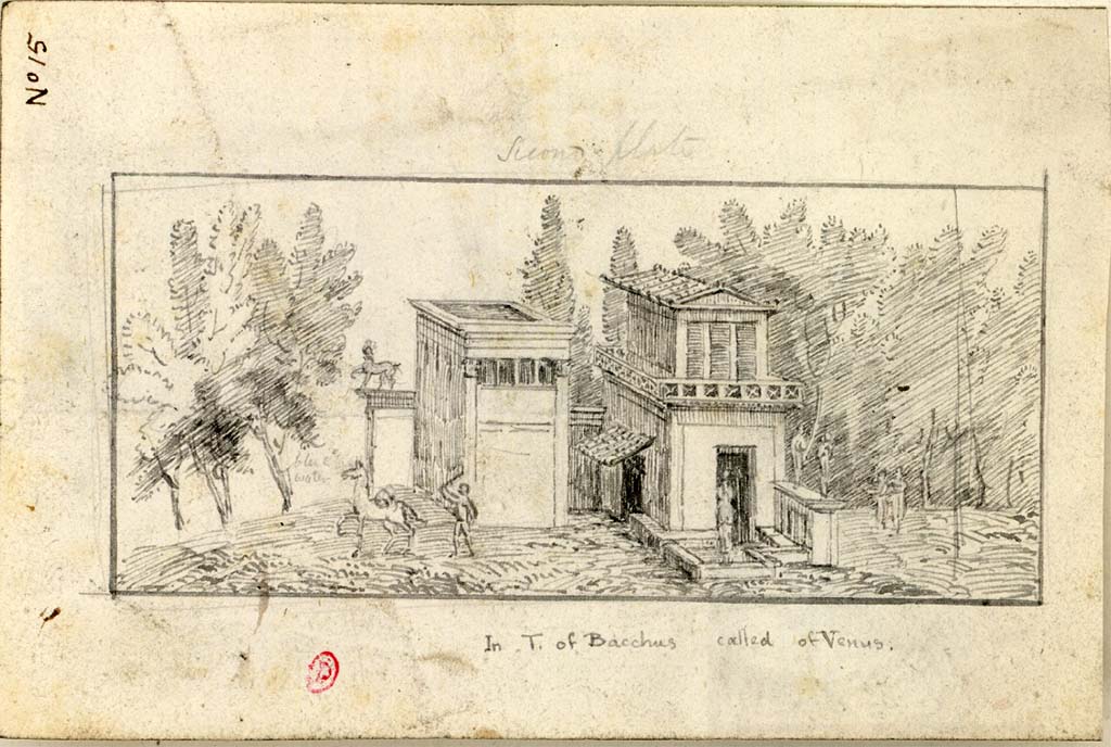 VII.7.32 Pompeii. c.1821, drawings published by Gell.
According to Gell,
“Around the walls of the peribolus of the temple of Bacchus are introduced divers representations of architectural subjects and pygmies; whence it obtained the name of the House of the Dwarfs, until the year 1817, when an entire excavation having been effected in that quarter, it was found to contain a temple.

The painter in these subjects has given to the proportions of children, heads bearing the character of grown men, leaving the extremities always unfinished. Some of these are given in the Plates 55 to 62, more with a view to the architecture they represent than as works of art. The buildings in the background are always a faint blue or white, and the trees badly daubed. The figures of a dark blackish red, generally less well preserved, are difficult to make out.

Seneca moralises upon the unnatural custom of planting gardens upon the house tops, which enhanced considerably their value. It is not uncommon in Italy and Malta to the present day.
The ornament separating these two subjects is a threshold in mosaic.”
See Gell, W, and Gandy J. P., 1821. Pompeiana: 2nd edition. London: Rodwell and Martin, (p.231-2, plates LV and LVI)
