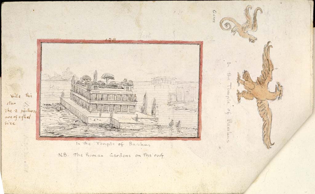 VII.7.32 Pompeii. c.1821. drawing by Gell of villa in maritime setting with boats.
According to Gell –
“This is a curious architectural subject. Pliny describing his villa, says the hippodrome had cypresses planted around. A sort of figure appears running down to a boat. The painting is obliterated to the right.”
See Gell, W, and Gandy J. P., 1821. Pompeiana: 2nd edition. London: Rodwell and Martin, (p.234, plate LXI)
