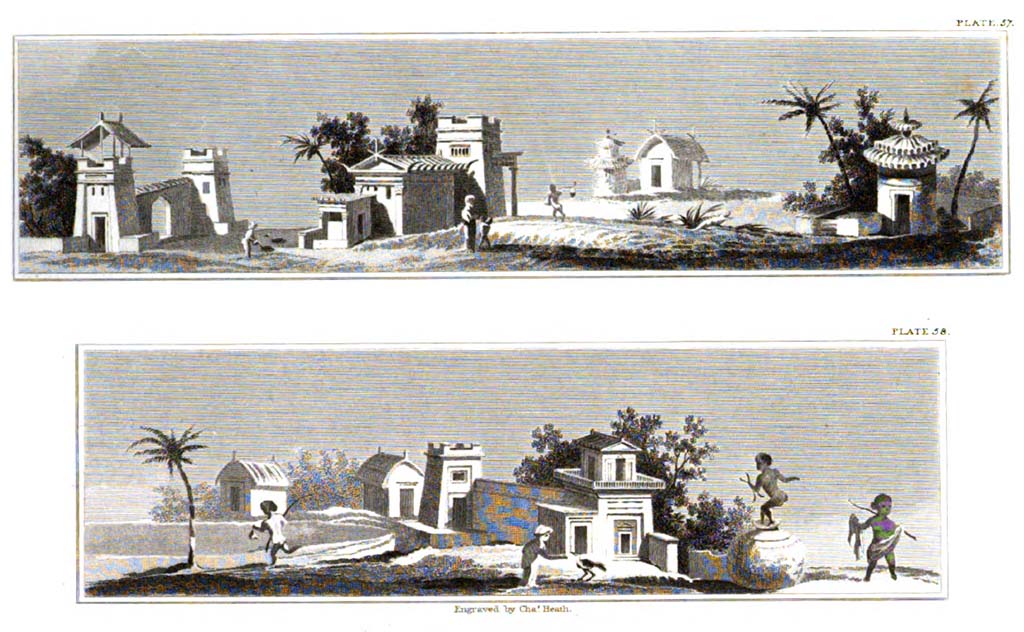 VII.7.32 Pompeii. According to Gell – “This is an architectural subject, with a pyrgos [tower].”
See Gell, W, and Gandy J. P., 1821. Pompeiana: 2nd edition. London: Rodwell and Martin, (p.235, plate LXII)
