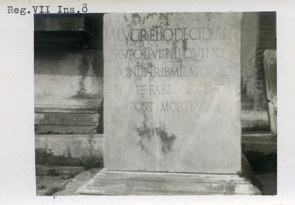 VII.8 Pompeii Forum. Pre-1937-39. Pedestal base for statue in north-west corner.
Photo courtesy of American Academy in Rome, Photographic Archive. Warsher collection no. 126.
