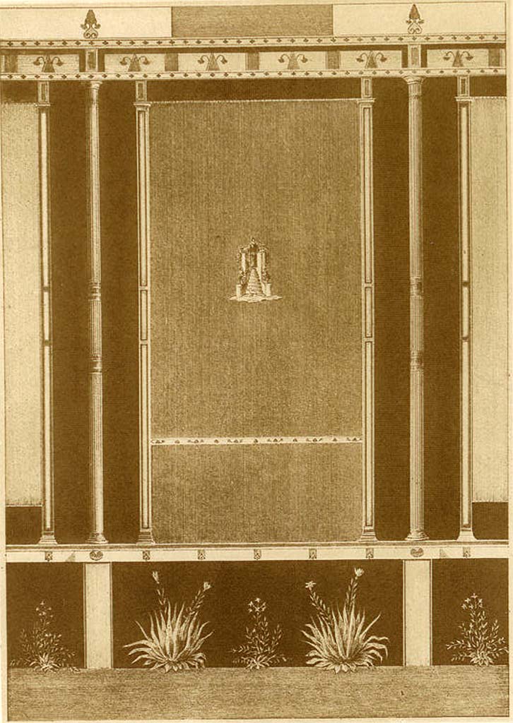 VII.9.1/67 Pompeii. Drawing by A. Sikkard of wall in Eumachia’s Building.
See Mau, A. 1882. Geschichte der Decorativen Wandmalerei in Pompeji. Berlin: Reimer, Taf. X.
