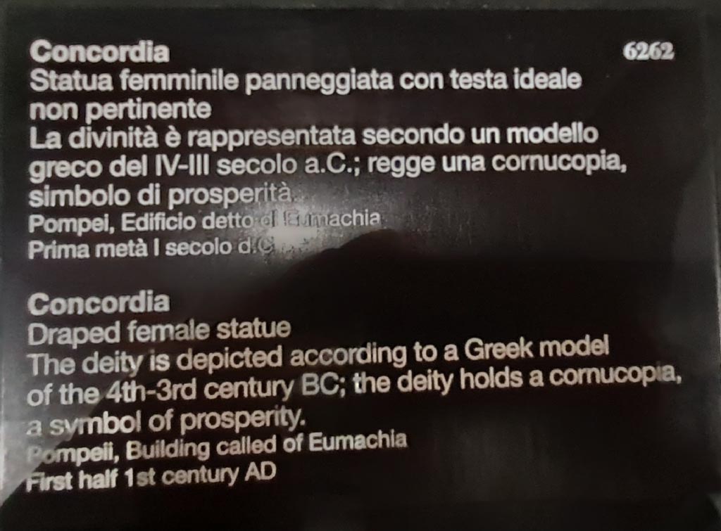 VII.9.1 Pompeii. April 2023. Museum descriptive card for Concordia statue inv. 6242. Photo courtesy of Giuseppe Ciaramella.