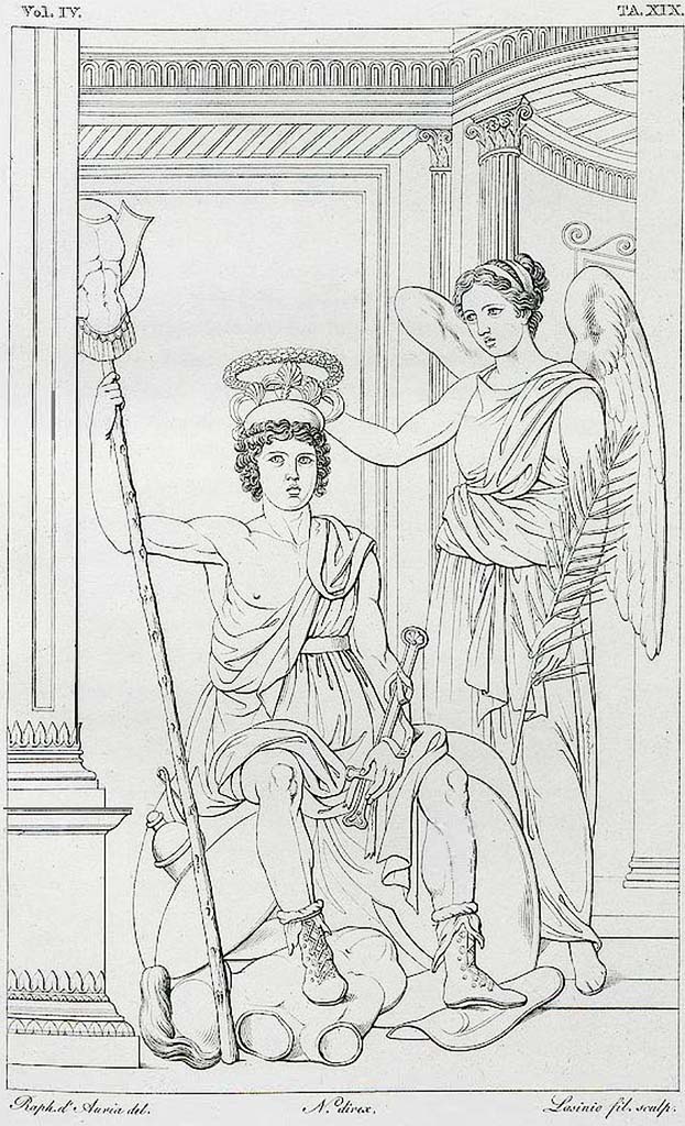 VII.9.7 and VII.9.8 Pompeii. Macellum. Pre-1827. 
Drawing of painting of Victory crowning a triumphant warrior from west wall.
See Real Museo Borbonico, 1827, vol. IV, Tav. XIX (19).
