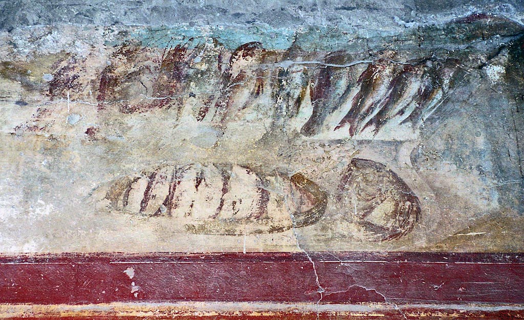 VII.9.7 and VII.9.8 Pompeii. October 2001. Detail of wall painting from upper west wall. Photo courtesy of Peter Woods.