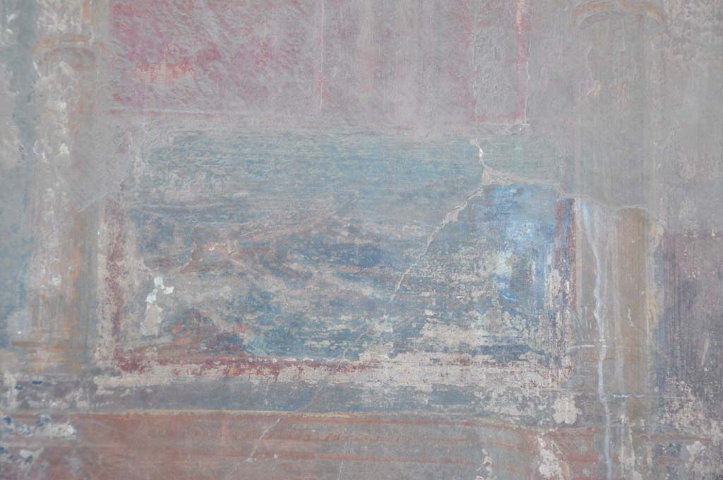 VII.9.7/8 Pompeii. July 2017. Painting of boats from south side of panel with female figure on west wall.
Foto Annette Haug, ERC Grant 681269 DÉCOR.
