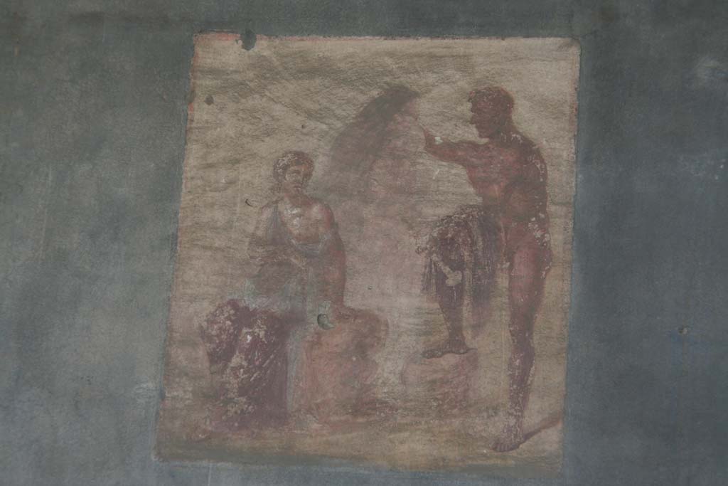 VII.9.7 and VII.9.8 Pompeii. April 2011. North-west corner, west wall. Painting of Io listening to Argo or Argus.