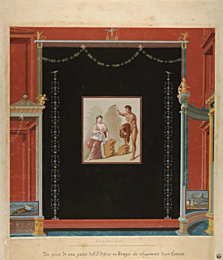 VII.9.7 and VII.9.8 Pompeii. Copy painting by Giuseppe Marsigli, 1824, of central painting of west wall showing Io listening to Argo.
Now in Naples Archaeological Museum. Inventory number ADS 728.
Photo © ICCD. http://www.catalogo.beniculturali.it
Utilizzabili alle condizioni della licenza Attribuzione - Non commerciale - Condividi allo stesso modo 2.5 Italia (CC BY-NC-SA 2.5 IT)
