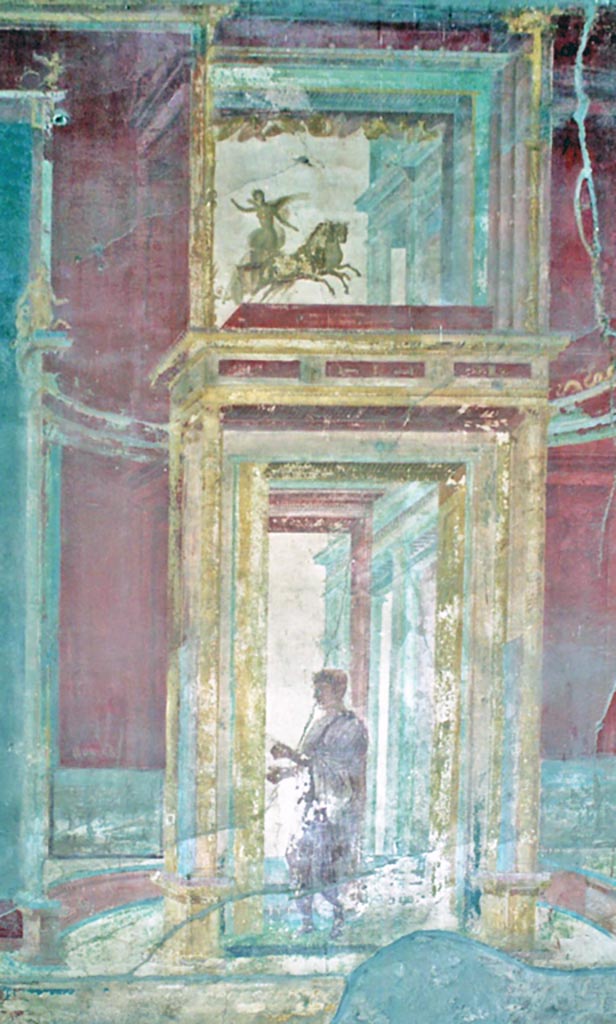 VII.9.7 and VII.9.8 Pompeii. October 2001. 
Painted west wall decoration from the north-west corner of Macellum.
Photo courtesy of Peter Woods.
