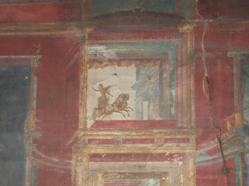 VII.9.7 and VII.9.8 Pompeii. Macellum. September 2005. North-west corner, detail of architectural painting.