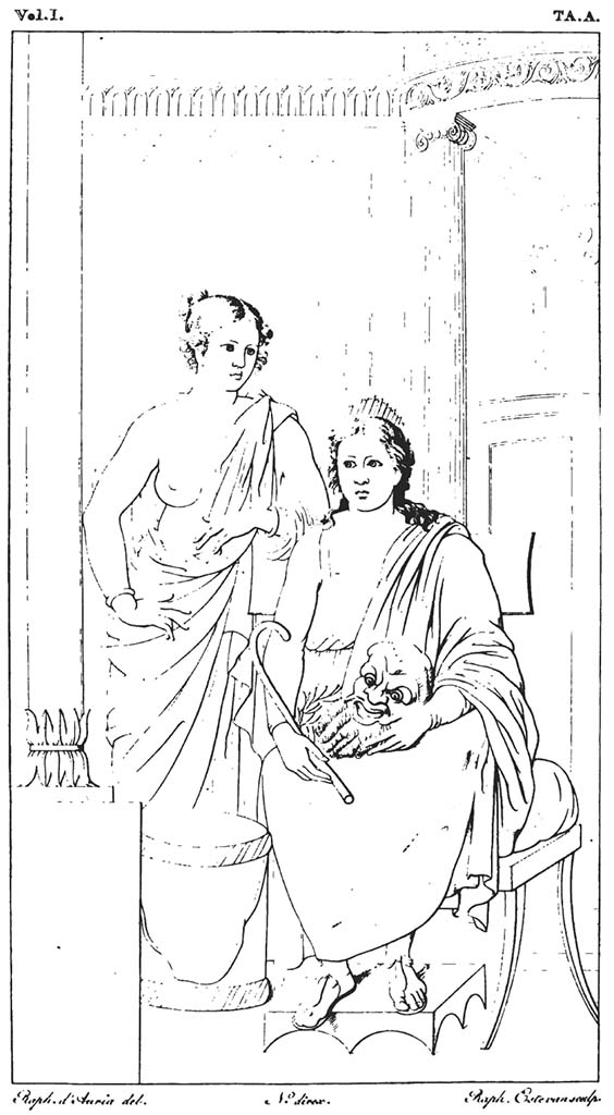 VII.9.7/8 Pompeii. 1824.  
Drawing of decoration showing Thalia and a Bacchante from one of the walls surrounding the portico of the Macellum.
According to Bechi, this was from the same (north) wall as the painting of Penelope and Ulysses.
See Real Museo Borbonico, 1824, Vol. I, Tav. A.

