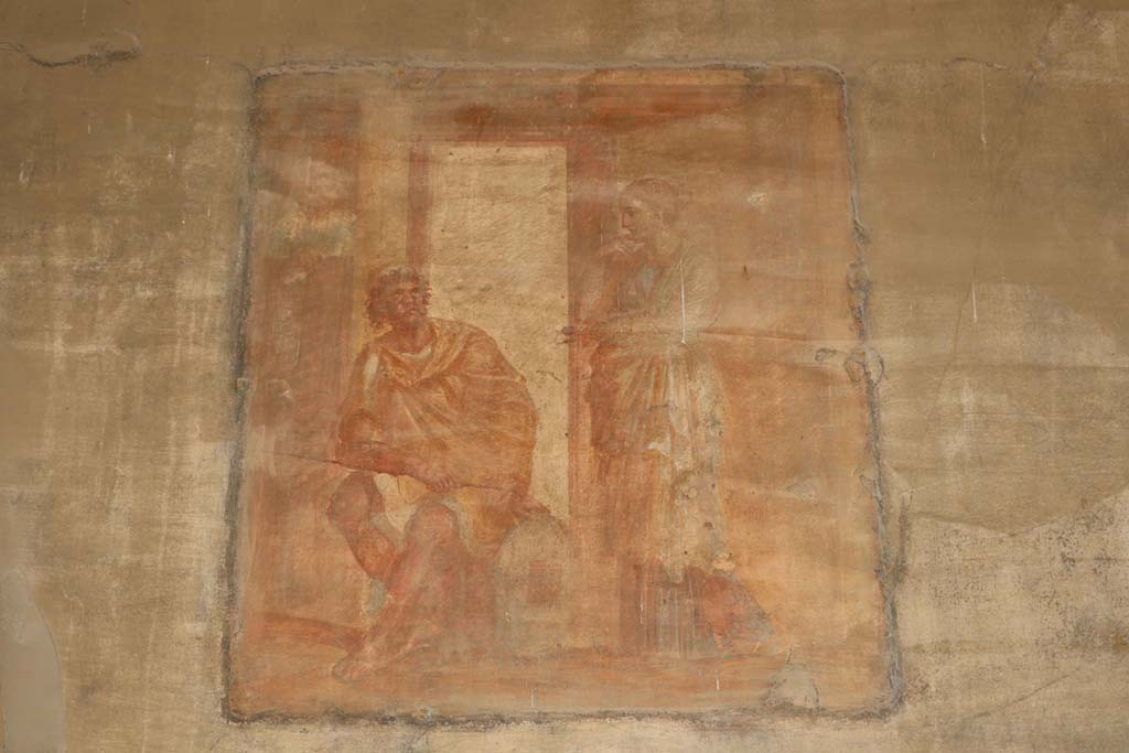 VII.9.7 and VII.9.8 Pompeii. Macellum. December 2018. 
Wall painting of Ulysses relating his adventures to Penelope, from north wall. Photo courtesy of Aude Durand. 
