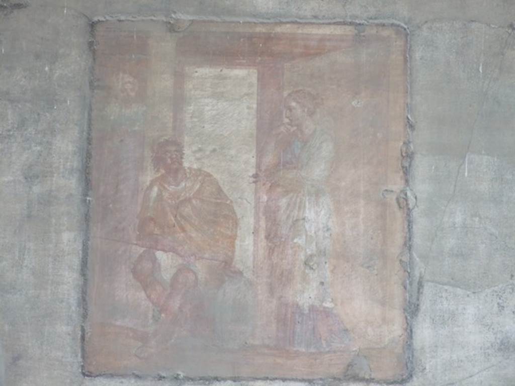 VII.9.7 and VII.9.8 Pompeii. Macellum. December 2007. North west corner. Wall painting of Ulysses relating his adventures to Penelope.