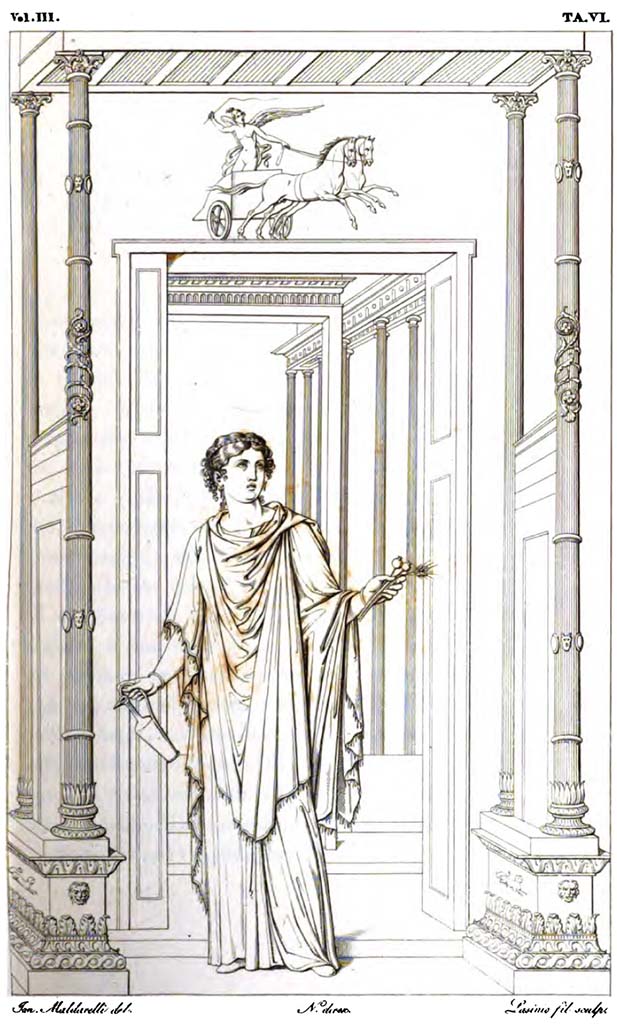 VII.9.7 and VII.9.8 Pompeii. Macellum. Pre-1827 drawing.
Wall painting of a Priestess, together with Victory in a chariot above, from one of the walls.
See Real Museo Borbonico, 1827, Vol. III, Tav. VI.

