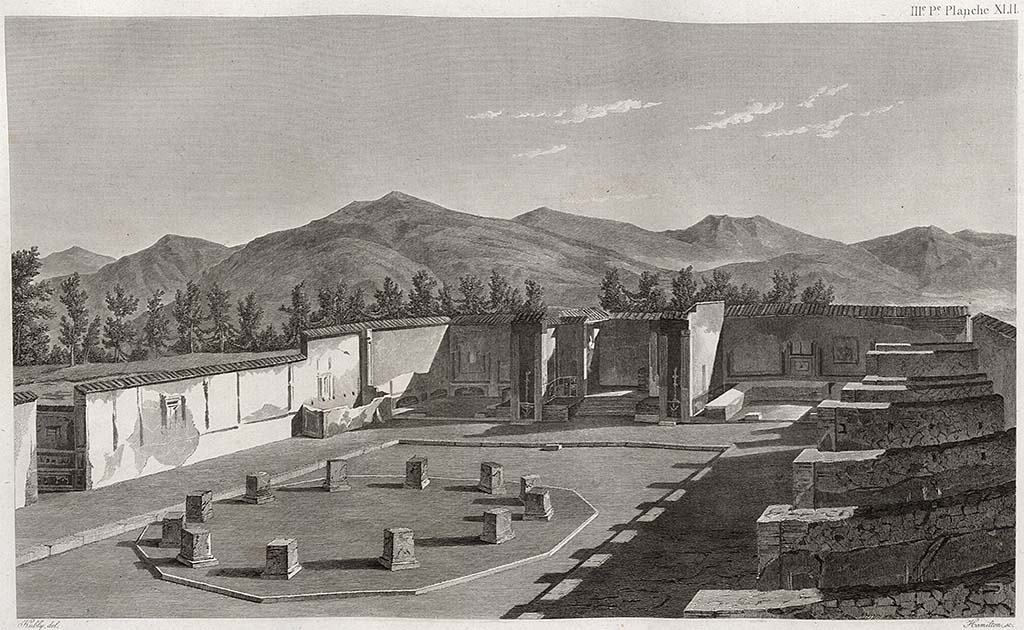 VII.9.7 and VII.9.8 Pompeii.  Pre 1829 drawing looking north-east across Macellum. 
The north wall, and entrance corridor at VII.9.19, with painted decoration can be seen on the left.
See Mazois, F., 1829. Les Ruines de Pompei : Troisième Partie. Paris : Didot Frères, (Pl. XLII)
