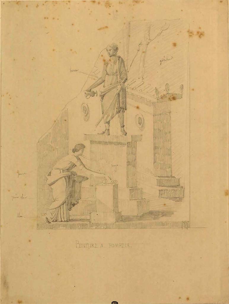VII.9.7 and VII.9.8 Pompeii. Macellum? Pencil drawing by F. Duban, between 1823 and 1828 - Adoration of statue.
At the bottom is the title "Peinture a Pompeia".
See Duban F. Album de dessins d'architecture effectués par Félix Duban pendant son pensionnat à la Villa Medicis, entre 1823 et 1828: Tome 2, Pompéi, pl. 28.
INHA Identifiant numérique NUM PC 40425 (2)
https://bibliotheque-numerique.inha.fr/idurl/1/7157  « Licence Ouverte / Open Licence » Etalab

According to Guidobaldi and Esposito, this II style fragment of a Sacred Landscape was found in the Herculaneum area, 
Now in Naples Archaeological Museum, inventory number 9276. 
See Guidobaldi, M.P. and Esposito, D. (2013). Herculaneum, Art of the Buried City, Abbeville Press, USA, (p.127).

