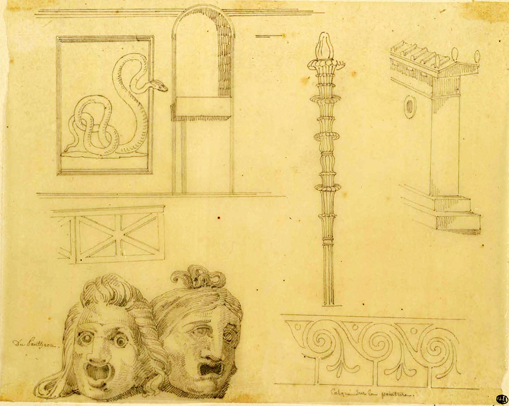 VII.9.7 and VII.9.8 Pompeii. Undated sketches titled "Du Panthéon [éléments décoratifs]" from the Pantheon, now called the Macellum.
See Debret F. (1777-1850), Piranesi F. (1758-1810), LaBrouste H. (1801-1875). Voyage en Italie-De Naples à Paestum, pl. 125.
INHA Identifiant numérique : NUM PC 77832 (07). See book on INHA Les documents sont placés sous « Licence Ouverte / Open Licence » Etalab 
