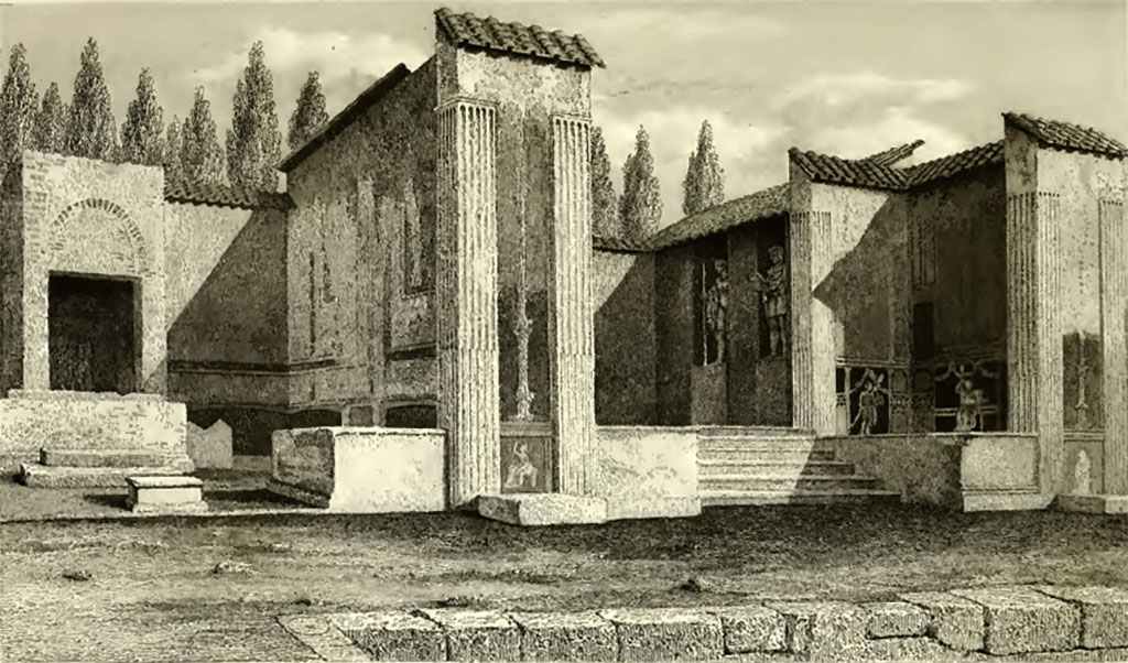 VII.9.7 and VII.9.8 Pompeii. Macellum. 1832 drawing of shrine, on right, and other room in north-east corner.
See Gell, W, 1832. Pompeiana: Vol 1. London: Jennings and Chaplin, p. 64-8, pl. XVIII.

