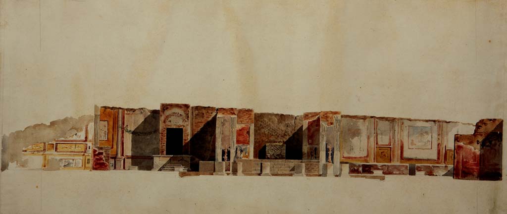 VII.9.7 and VII.9.8 Pompeii. Macellum. Painting by Pasquale Maria Veneri, c.1843, of north-south section of east side of Macellum.
On the right side, the large painted wall with the Sarno painting can be seen.
Now in Naples Archaeological Museum. Inventory number ADS 695e.
Photo © ICCD. http://www.catalogo.beniculturali.it
Utilizzabili alle condizioni della licenza Attribuzione - Non commerciale - Condividi allo stesso modo 2.5 Italia (CC BY-NC-SA 2.5 IT)
