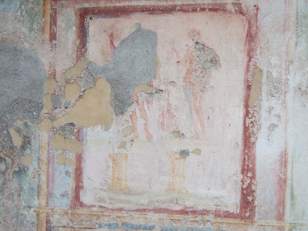 VII.9.33 Pompeii. December 2005. Lararium painting of Mars and Venus standing side by side.
According to Boyce, on the west wall of the kitchen, near the hearth and above a masonry basin, was a lararium painting.
See Boyce G. K., 1937. Corpus of the Lararia of Pompeii. Rome: MAAR 14. (p.68, no.303 and Pl.25,2).
Lararium painting of Mars and Venus with a blazing altar in front of each of them.
See Jashemski, W. F., 1993. The Gardens of Pompeii, Volume II: Appendices. New York: Caratzas. (p.189).
