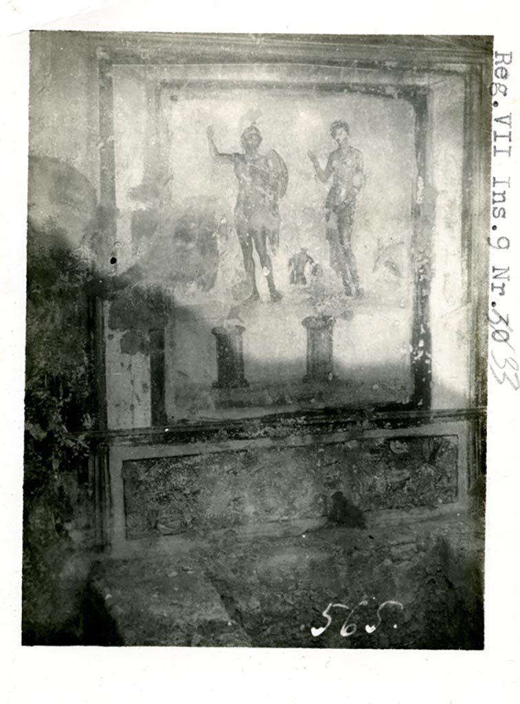 VII.9.33 Pompeii. Pre-1937-39. 
Lararium painting of Mars and Venus standing side by side, from west wall.
Photo courtesy of American Academy in Rome, Photographic Archive. Warsher collection no. 565.
