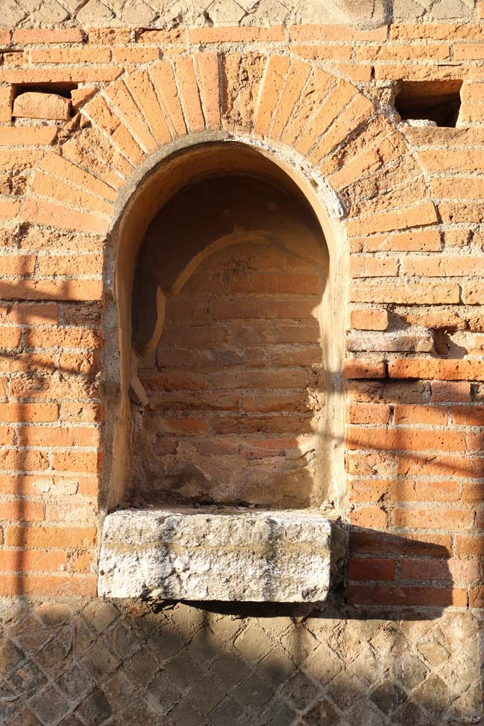 VII.9.42 Pompeii. December 2018. 
Detail of niche in south-east corner. Photo courtesy of Aude Durand. 
According to Boyce, the arched niche (h.0.90, w.0.57. d.0.30, h. above floor 1.65) having for its floor a heavy stone slab (0.17 thick) which projects 0.15 from the surface of the wall. On each side of the niche is a red panel within which is painted a green serpent, raising its head to the level of the floor of the niche.
See Boyce G. K., 1937. Corpus of the Lararia of Pompeii. Rome: MAAR 14. (p.96, no.473).

