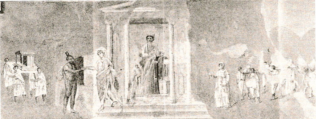 VII.9.47 Pompeii. Detail from old undated photograph. Room 11. Oecus. North wall. Detail of the painting of the Temple of Venus.