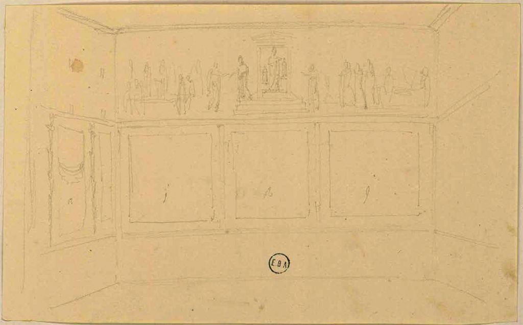 VII.9.47 Pompeii. Room 11. Oecus, looking towards north wall, and detail from west wall, on left.
See Lesueur, Jean-Baptiste Ciceron. Voyage en Italie de Jean-Baptiste Ciceron Lesueur (1794-1883), pl. 91.
See Book on INHA reference INHA NUM PC 15469 (04)  « Licence Ouverte / Open Licence » Etalab
