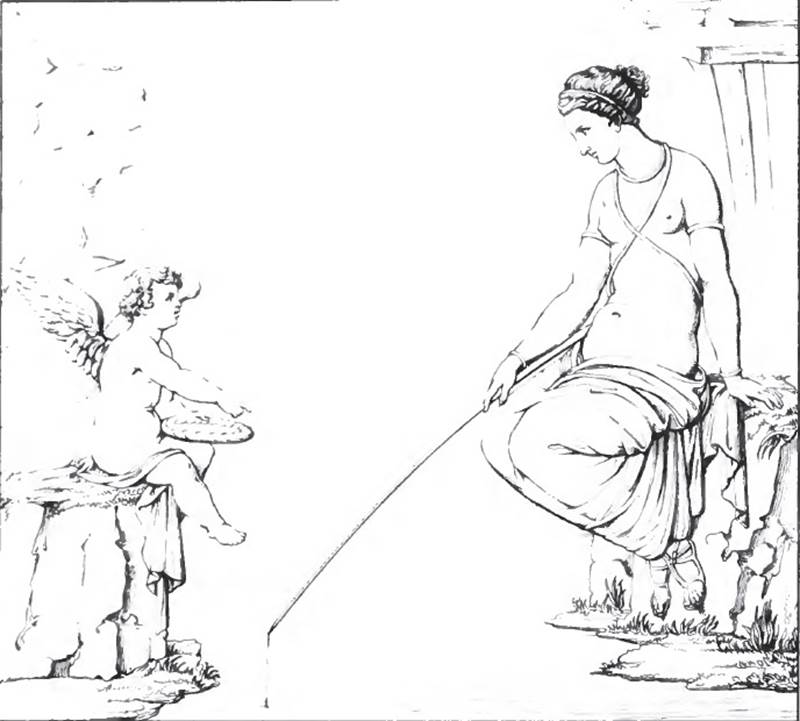 VII.9.63 Pompeii. 1840 drawing of Venus Pescatrice. According to Breton, this house (linked with VII.9.60) was known as “of the fisherwoman” because of its painting of Venus fishing.
It was discovered between 1822 and 1823. At the rear in a small room one could see three paintings – Europa on the bull, Narcissus, and Venus fishing. There were only a few traces remaining of Venus. See Roux, H., 1840. Herculanem et Pompei recueil general des Peintures, Bronzes, Mosaiques : Tome 3. Paris: Didot. (pl. 110).