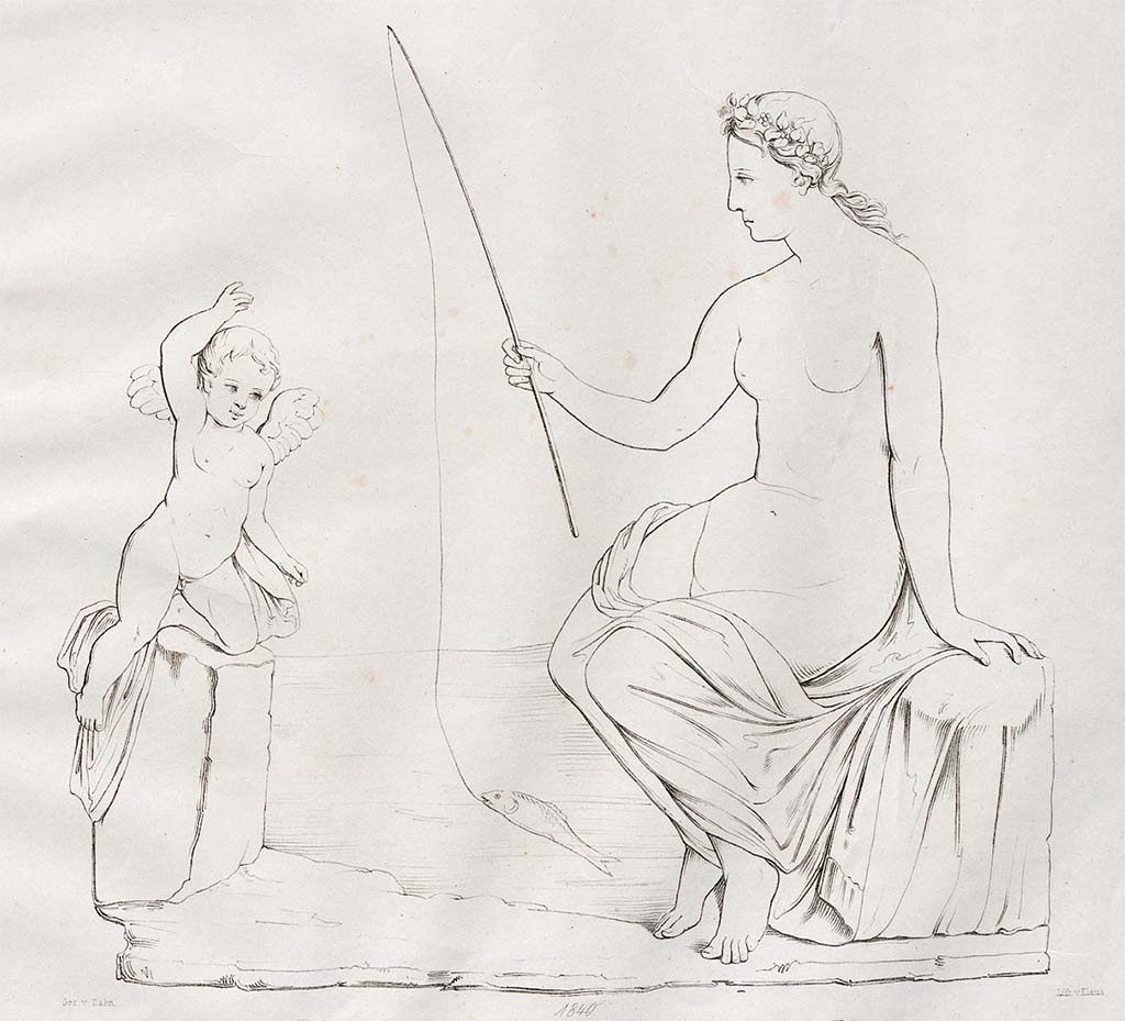 VII.9.63/60 Pompeii. 1840. Drawing of Venus Pescatrice, by Zahn.
See Zahn, W., 1852-59. Die schönsten Ornamente und merkwürdigsten Gemälde aus Pompeji, Herkulanum und Stabiae: III. Berlin: Reimer, taf. 55.

