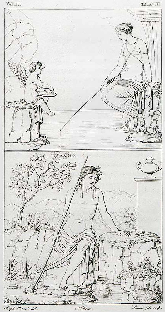 VII.9.63/60 Pompeii. Pre-1825. 
Drawing of painting of Venus Pescatrice and Narcissus, both from the same room in a house at the rear of Eumachia’s building.
See Real Museo Borbonico Vol. II, 1825, Tav. XVIII.
