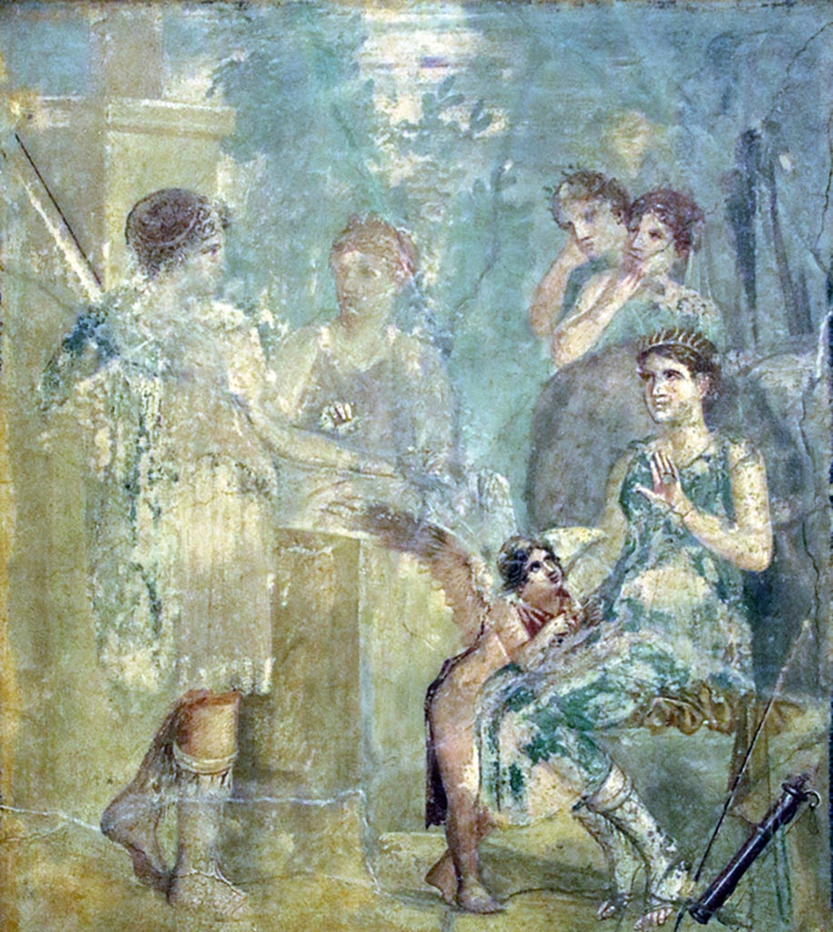 VII.12.26 Pompeii. Found on west wall in triclinium room on left hand side behind atrium.
Wall painting of Artemis, seated, turning towards the nymph Callisto.
Now in Naples Archaeological Museum. Inventory number 111441. 
Photo courtesy of Giuseppe Ciaramella taken December 2019. 
