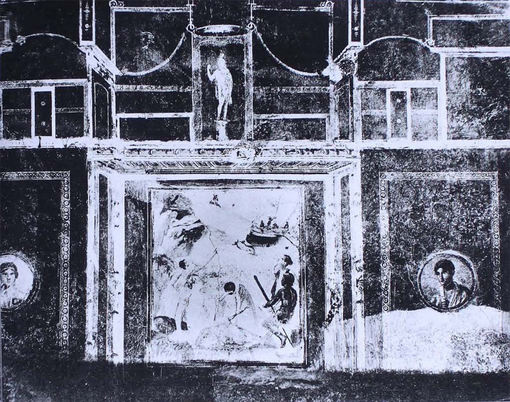 VII.12.26 Pompeii. Undated photo of north wall. Triclinium in north-west corner of north portico with painting of Ariadne abandoned.
Two medallion portraits are in the side panels and the statue of Ares in the upper part.
See Carratelli, G. P., 1990-2003. Pompei: Pitture e Mosaici: Vol. VII. Roma: Istituto della enciclopedia italiana, p. 571.