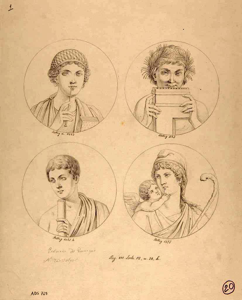 VII.12.26 Pompeii. Drawing by Nicola La Volpe of painted medallions found as wall decorations in triclinium.
All remained in situ and are all now faded and destroyed. 
Top left – Head of a young girl with stylus, from west end of north wall, (Helbig 1423)
Top right - Satyr playing the pipes, from north end of east wall, (Helbig 423)
Below left – Head of a young man with a scroll, from east end of north wall, (Helbig 1420b).
Below right - Paris and cupid, from south end of east wall. (Helbig 1275)
See Helbig, W., 1868. Wandgemälde der vom Vesuv verschütteten Städte Campaniens. Leipzig: Breitkopf und Härtel.
Now in Naples Archaeological Museum. Inventory number ADS 745.
Photo © ICCD. http://www.catalogo.beniculturali.it
Utilizzabili alle condizioni della licenza Attribuzione - Non commerciale - Condividi allo stesso modo 2.5 Italia (CC BY-NC-SA 2.5 IT)
