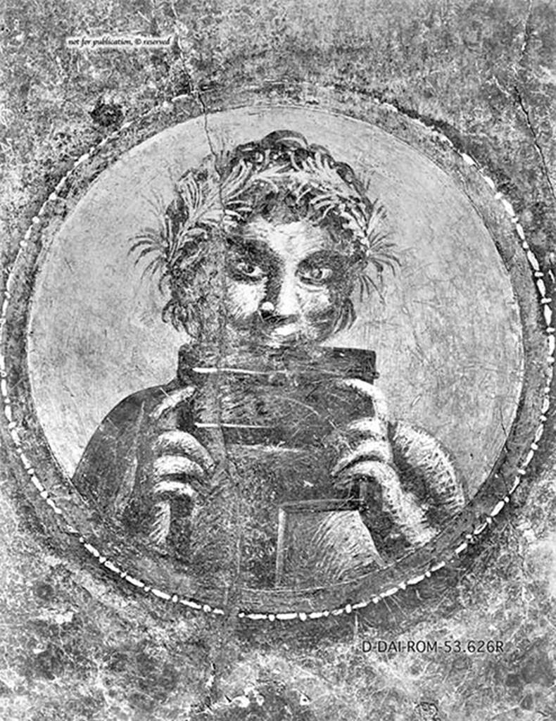 VII.12.26 Pompeii. Triclinium. Satyr playing a syrinx.
DAIR 53.626. Photo © Deutsches Archäologisches Institut, Abteilung Rom, Arkiv. 
See http://arachne.uni-koeln.de/item/marbilder/3784070
