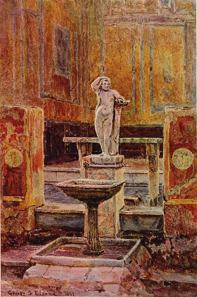 VII.12.28 Pompeii. c.1908. Watercolour by Luigi Bazzani. Looking north across garden area. 
In the rear, on the right, the decorated north wall of the exedra can be seen.
Now in Naples Archaeological Museum, inventory number 139411.
