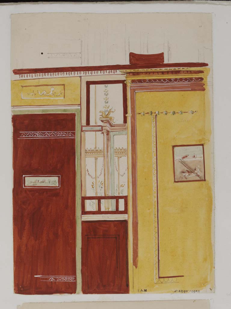 VII.14.5 Pompeii. c.1840. 
Painting by James William Wild of part of wall in Room 3, either north or south wall? 
Photo © Victoria and Albert Museum, inventory number E.3995-1938.

