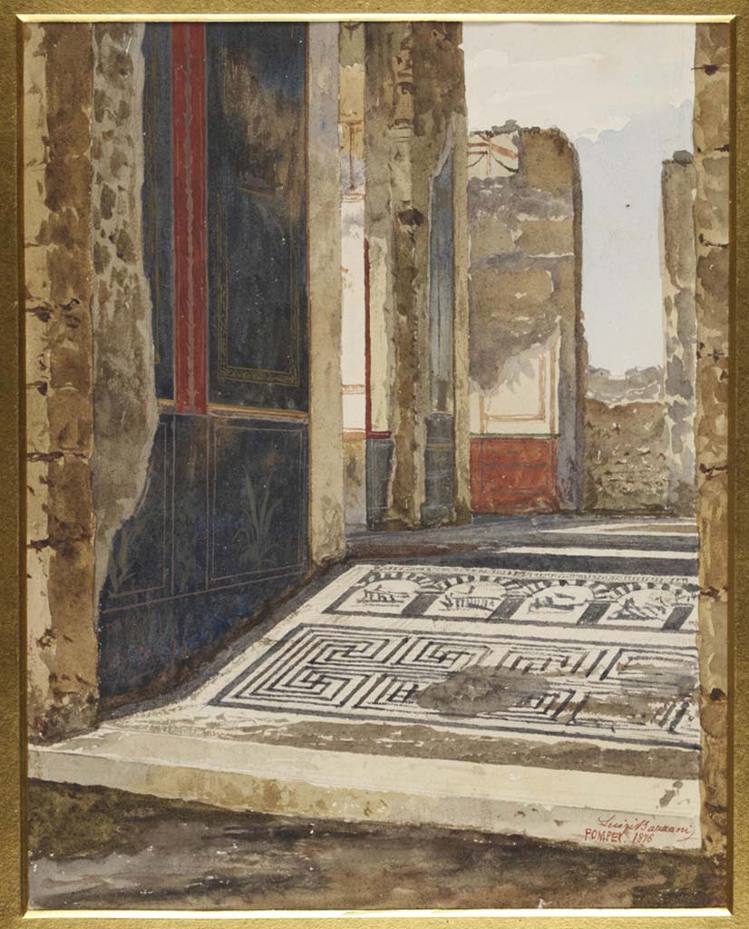 VII.15.2 Pompeii. 1876. Watercolour by Luigi Bazzani.
Looking north through entrance vestibule towards threshold mosaic and mosaic of the prows of ships seen through arches.
Photo © Victoria and Albert Museum. Inventory number 1070-1886.
