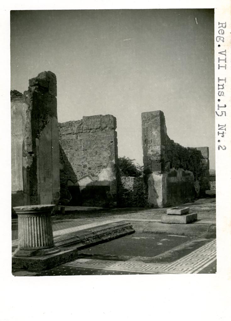 VII.15.2 Pompeii. Pre-1937-39. Looking north-west across impluvium in atrium.
Photo courtesy of American Academy in Rome, Photographic Archive. Warsher collection no. 1450.
