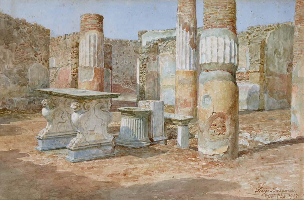 VII.15.13 Pompeii. c.1917. Watercolour by Luigi Bazzani. 
Looking north-west across impluvium in atrium, with entrance doorway on right.
Now in Naples Archaeological Museum, inv. no. 139459.
