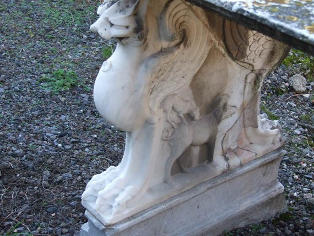 VII.15.13 Pompeii. December 2007. Detail of highly decorative Griffin marble support for marble table or cartibulum.