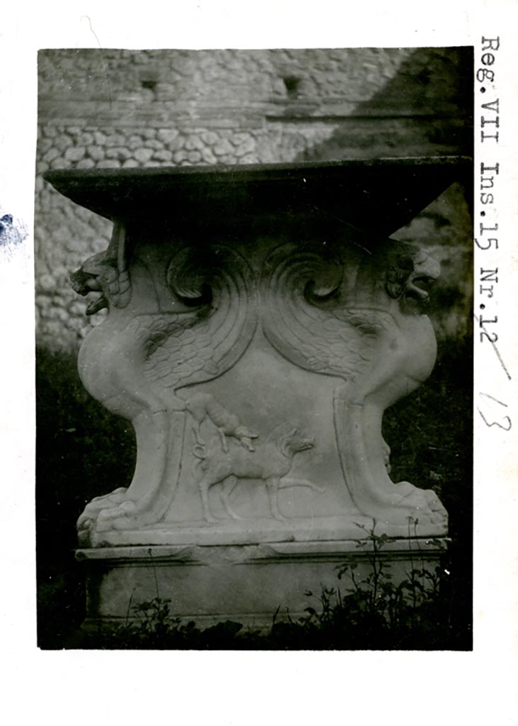 VI.15.13 Pompeii.  Pre-1937-39. 
Detail of highly decorative griffin marble support for marble table or cartibulum.
Photo courtesy of American Academy in Rome, Photographic Archive. Warsher collection no. 518.
